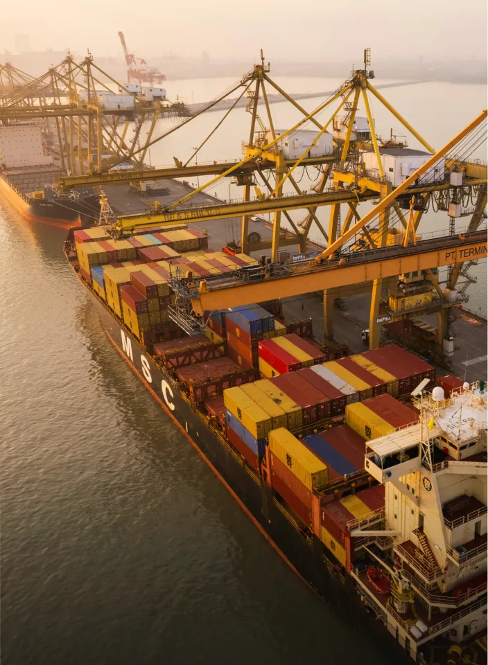 Large container ship loaded with colorful cargo containers docked at a port with cranes.