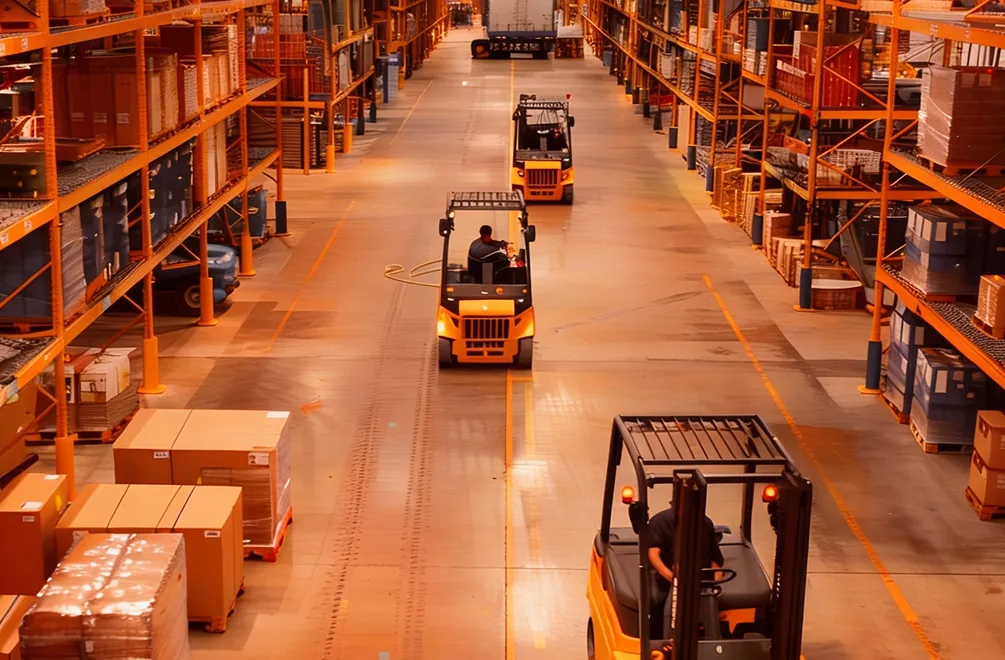 Three forklifts operated by workers moving through a warehouse aisle with orange shelves and stacked boxes.