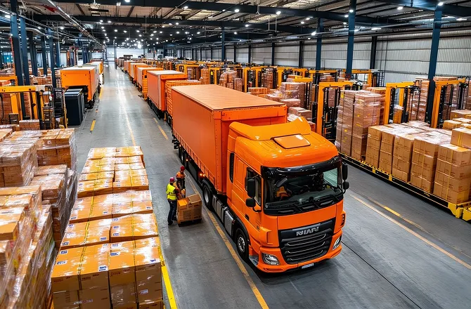 Warehouse with orange trucks and workers handling stacked pallets and boxes in aisles.
