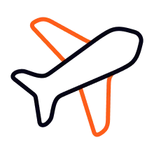 Black airplane icon with orange outline on a white background.