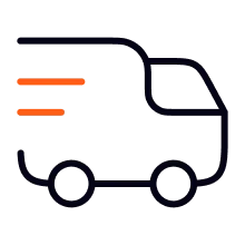 Black delivery truck icon with orange motion lines indicating speed.