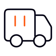 Simplified black delivery truck icon with two vertical orange stripes on the cargo area.