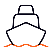 Black outline of a cargo ship on orange waves on a transparent background.